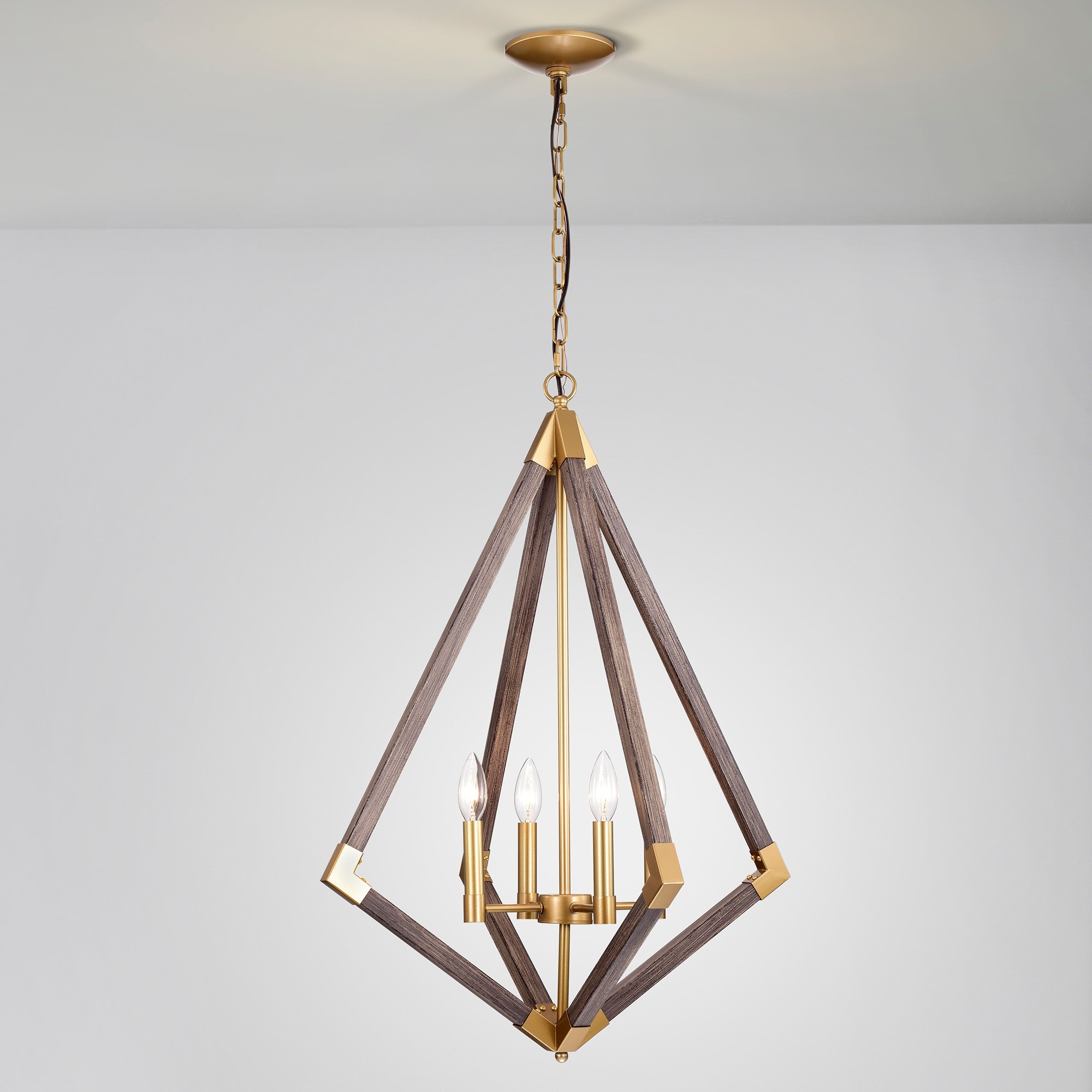 Kara Matte Gold Wood Grain 4 Light Geometric Chandelier Bed Bath